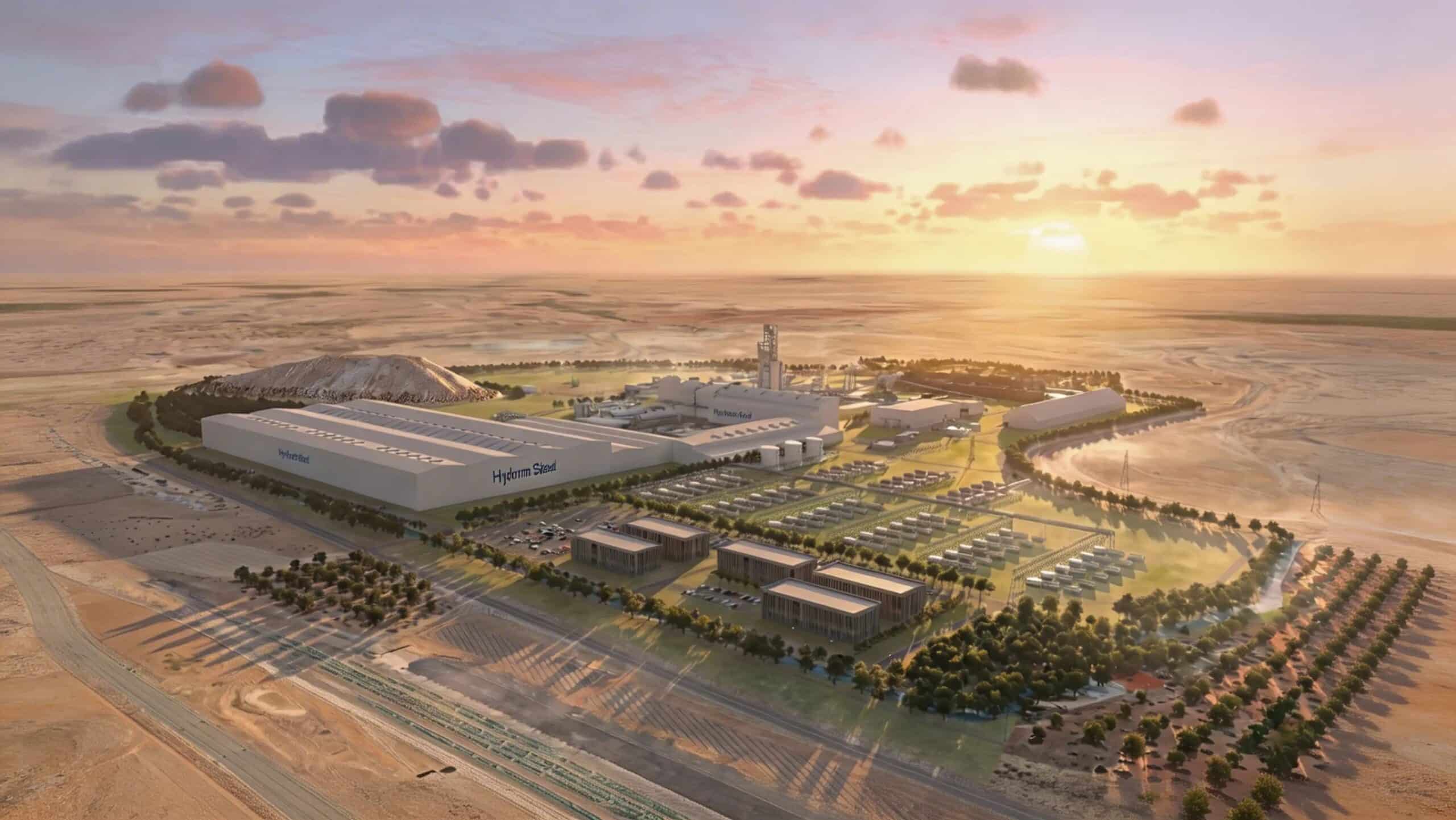 Render arquitectónico de la futura planta de acero limpio de Hydnum Steel en Puertollano, España